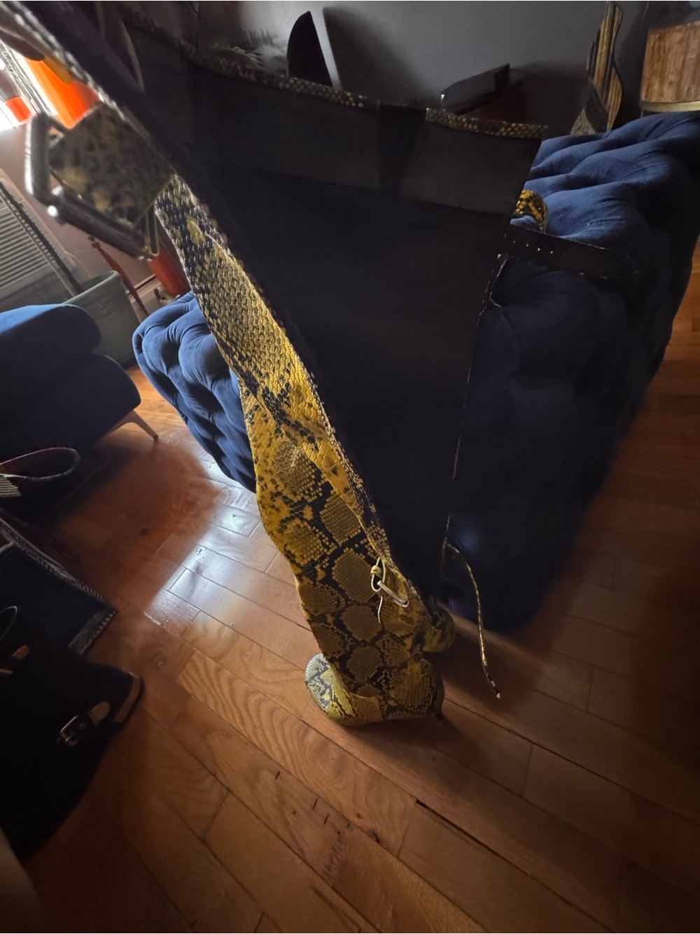 Yellow Snake-Print Open-Toe Heeled Boots - Picture 8 of 8